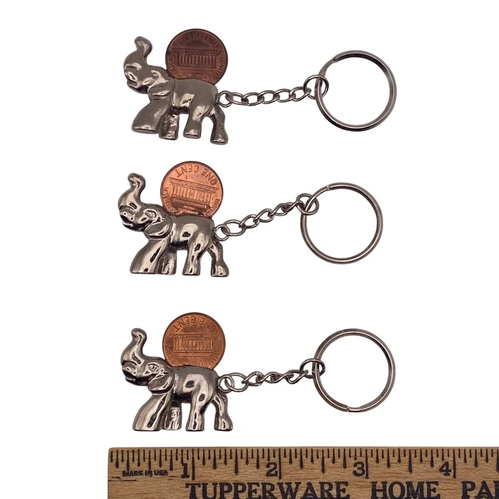 Set of 3 Vintage Silver Tone Good Luck Elephant Keychains Lucky Penny Holder
